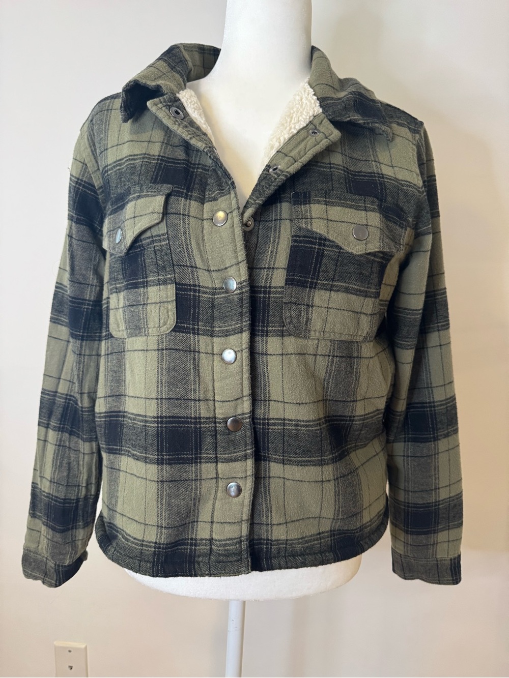 Lucky Brand Olive and Black Plaid Sherpa-Lined Jacket